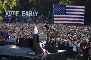 U.S. President Barack Obama speaks at a campaign event in The Oval at Ohio State University in Columbus