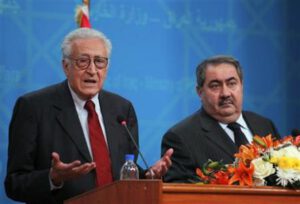 UN-Arab League peace envoy for Syria Brahimi speaks to the media during a joint news conference with Iraq's Foreign Minister Zebari in Baghdad